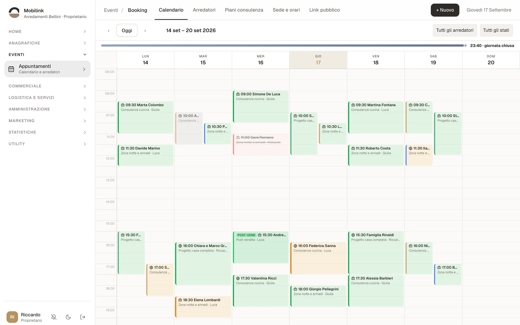 Calendario settimanale degli appuntamenti