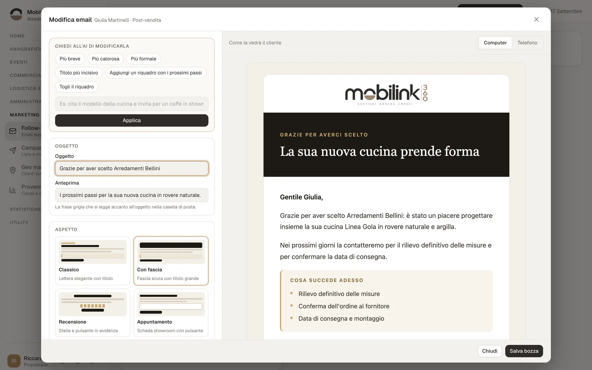 Editor delle email di follow-up